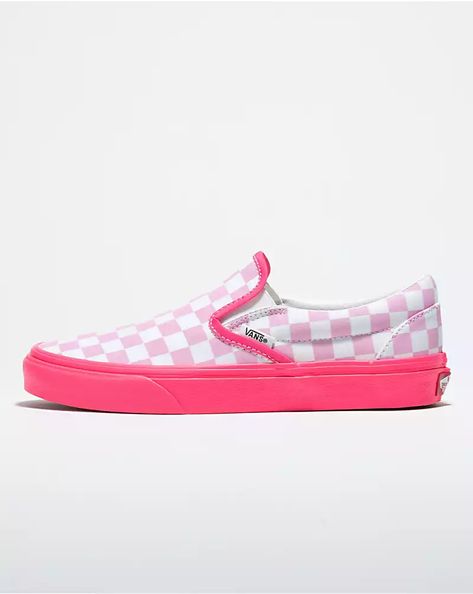 Customs Neon Pink Checkerboard Slip-On Danielle Victoria, Pink Checkerboard, Vans Surf, Custom Vans Shoes, Cute Vans, Slip On Vans, Pink Vans, Pretty Shoes Sneakers, Van Doren