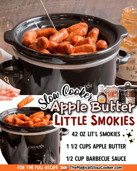 Slow Cooker Apple Butter Little Smokies are something different and delicious to serve at your next party! Apple Butter Lil Smokies, Crock Pot Weiners Lil Smokies, Weiners In Crockpot, Little Wieners Crockpot, Crockpot Little Smokies Recipes, Halloween Lil Smokies, Apple Butter Little Smokies, Crock Pot Weenies Lil Smokies, Mississippi Lil Smokies