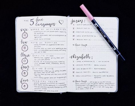 The 5 Love Languages Spread Bullet Journal  // Plant Based Bride Language Bujo, Bullet Journal Flip Through, The 5 Love Languages, Language Journal, Bullet Journal Set Up, 5 Love Languages, Kanban Board, Touch Love, Love Journal