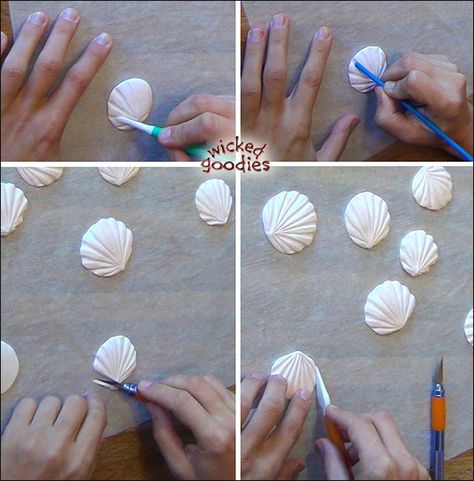 Wicked Goodies | Modeling Chocolate Sand Dollars and Scallops | https://www.wickedgoodies.net Chocolate Seashells, Kue Fondant, Cercei Din Lut Polimeric, Beach Themed Cakes, Mermaid Birthday Cakes, Beach Cakes, Fondant Cake Toppers, Modeling Chocolate, Fondant Tutorial