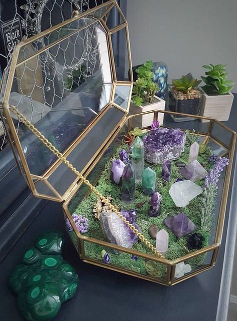 Terrarium Centerpieces, Crystal Room Decor, Terrarium Centerpiece, Crystal Room, Crystal Vibes, Crystal Garden, Witchy Crafts, Terrariums Kits, Glass Box