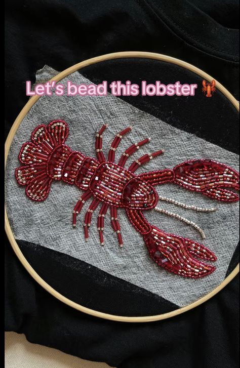 Bead Embroidery Lobster, Bead Embroidery Tshirt, Beaded Embroidery Shirt, Lobster Embroidery, Beaded Lobster, Diy Embroidery Shirt, French Knot Embroidery, Beaded Shirt, Diy Bead Embroidery