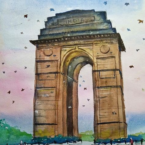 Delhi Watercolor Painting, Indian Heritage Paintings Easy, India Gate Watercolor Painting, India Watercolor Painting, Monuments Drawing, Micron Art, Nurse Drawing, Indian Drawing, Heritage Paint