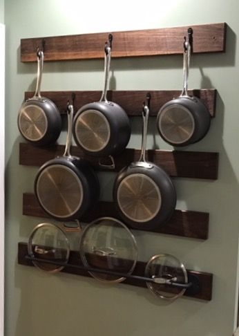 Pot And Pan Holder Hanging, Diy Pan Rack Hanging, Kitchen Pot Rack Wall, Kitchen Shelves For Pots And Pans, Hanging Pots Kitchen Wall, Pan Rack Wall, Pots N Pans Organization, Pot Hangers For Kitchen Wall, Pot And Pan Display