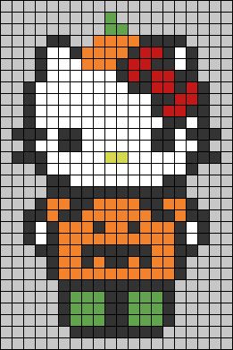 Hello Kitty Halloween Perler Beads, Cute Hello Kitty Pixel Art, Easy Pixel Art Small Halloween, Hello Kitty Pixel Crochet, Cute Halloween Pixel Art, Pixel Art Pattern Hello Kitty, Pixel Art Ideas Halloween, Halloween Melty Beads, Halloween Pixel Grid