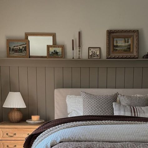 Grey Green Beige Bedroom, Sage Green Wainscoting Bedroom, Sage Green Shiplap, Sage Shiplap Wall, Sage Shiplap, Tong And Groove Walls, Shiplap Behind Bed, Moth Wing Sherwin Williams, Half Painted Wall Bedroom