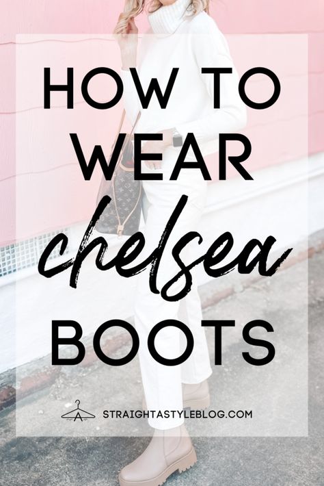 Ivory Chelsea Boots Outfit, White Chelsea Boots Outfit Fall, Outfits With White Dr Martens Boots, Chelsea Boots With Socks Outfit, Wide Leg Jeans With Chelsea Boots, Tan Chunky Boots Outfit, Chelsea Boots Skirt Outfit, Chunky White Boots Outfit, Taupe Chelsea Boots Outfit