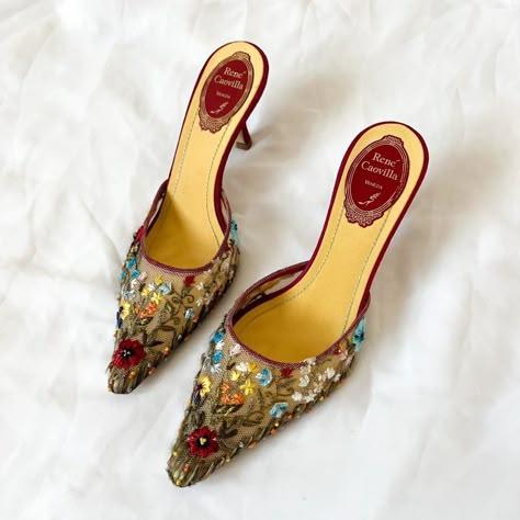 Rene Caovilla Butterfly Heels, Floral Kitten Heels, Vintage Manolo Blahnik Shoes, Designer Kitten Heels, Vintage Designer Heels, Fairy Heels, Fairy Lingerie, Vintage Manolo Blahnik, Manolo Blahnik Kitten Heels