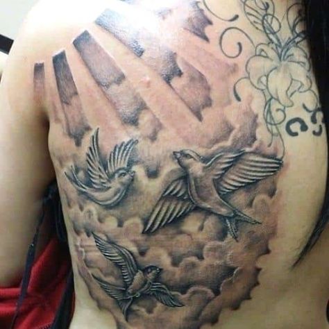 Chest Tattoo Clouds, Clouds And Stars Tattoo, Sun Rays Tattoo, Cloud Tattoos, Cloud Tattoo Sleeve, Cloud Tattoo Design, Tattoo Sonne, Africa Tattoos, Dove Tattoo Design