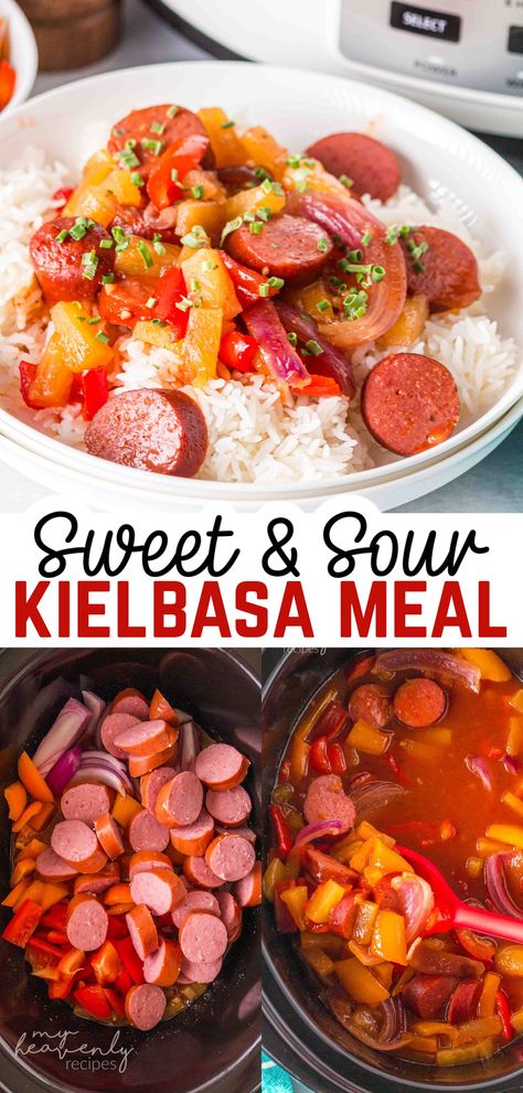 sweet and sour kielbasa Healthy Dinner Recipes Kielbasa, Easy Crockpot Recipes With Kielbasa, Low Calorie Kielbasa Recipes, Sweet And Sour Kielbasa Crockpot, Sweet Sour Kielbasa Crock Pot, Kielbasa Sweet And Sour, Kielbasa Peppers And Onions Crockpot, Turkey Kielbasa Recipes Healthy, Polish Sausage Recipes Easy