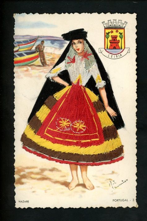 Nazare, traditional costume Portuguese Clothes, Embroidered Postcards, Embroidered Cards, 9 November, Portuguese Culture, Ideal Beauty, Traditional Costume, Folk Costume, Archipelago