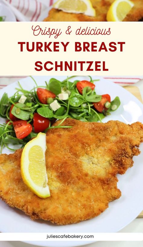 Crispy Turkey Breast Schnitzel Turkey Schnitzel Recipes, Turkey Schnitzel, Bread Cutlet, Schnitzel Recipe, Whole Turkey Recipes, Schnitzel Recipes, Turkey Cutlets, Chicken Schnitzel, Cutlets Recipes