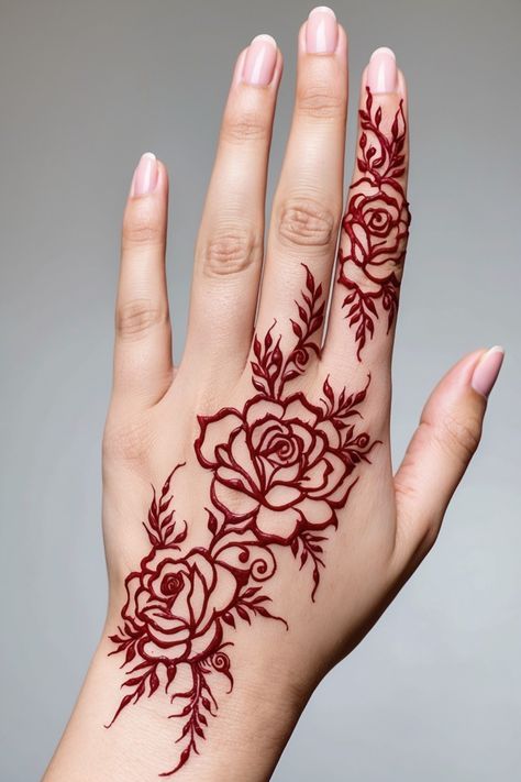 Rose Tattoo Henna, Henna Hand Designs Flowers, Rose Vine Hand Tattoo, Henna Flower Designs Hand, Cherry Blossom Hand Tattoos For Women, Henna With Flowers, Rose Henna Design Flowers, Simple Mehndi Designs Flowers, Rose Flower Henna Design