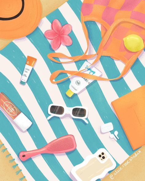 It seems that this sunny weather only exists in my drawings atm 🌞 UK summer where you at!?? 🤷🏼‍♀️ Which colour combo is your fave? 👀 and what’re you bringing in your beach bag? 👙⛱️🐚 #summerillustration #beachbag #summerart #digitalart #whatsinmybag Summer Drawings Aesthetic, What To Bring To The Beach, Wallpaper Beach Aesthetic, Summer Beach Illustration, Summer Artwork, Summer Illustrations, Alice Rose, Illustration Calendar, Summer Drawings