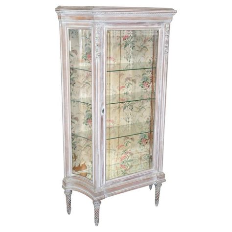 Antique Distressed French Louis XVI Style Curio Cabinet, Display Cabinet | See more antique and modern Vitrines at https://www.1stdibs.com/furniture/storage-case-pieces/vitrines Vintage Glass Cabinet, Curio Cabinet Displays, Deco Nails, Victorian Home Decor, Pink Furniture, French Louis Xvi Style, Cabinet Display, Carved Legs, Floral Decorations