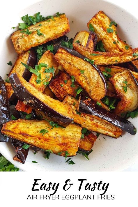 These fantastic air fryer eggplant fries are a fantastic, healthy side dish you can prepare in a matter of minutes! Eggplant, or aubergine, is cut into sticks and coated in olive oil, paprika, cumin, salt and garlic powder before being air fried to perfection. I love to air fry vegetables for healthy weeknight side dishes - it's quick, easy and so simple. This recipe is healthy, vegan, vegetarian, low carb, keto friendly, dairy free, gluten free and nut free, making it suitable for most. Air Fried Aubergine, Eggplant Meals Healthy, Healthy Gluten Free And Dairy Free Meals, Eggplant Side Dish Recipes Simple, Healthy Recipes Aubergine, Baked Eggplant Fries Recipes, Low Carb Eggplant Recipes Air Fryer, Healthy Recipes Eggplant, Diet Friendly Recipes