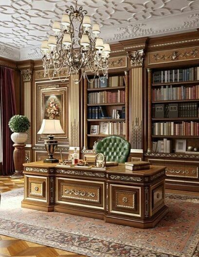 Gentlemanly Pursuits Executive Office Design Interior, Luxury Home Library, بيوت ملكية, Artdeco Interiors, Classic Office Furniture, Classic House Interior Design, Antique Library, Modern Restaurant Design, Classical Interior