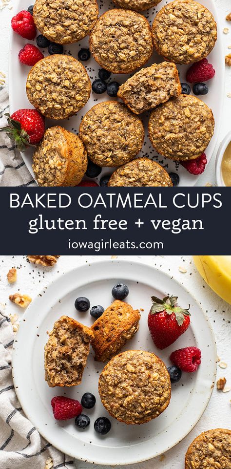 Baked Oatmeal Cups (GF   Vegan Option) Healthy Breakfast Bake, Gf Muffins, Heart Breakfast, I Lost 100 Pounds, Breakfast Baking, Baked Oatmeal Cups, Breakfast Vegan, Perfect Healthy Breakfast, Vegan Snack