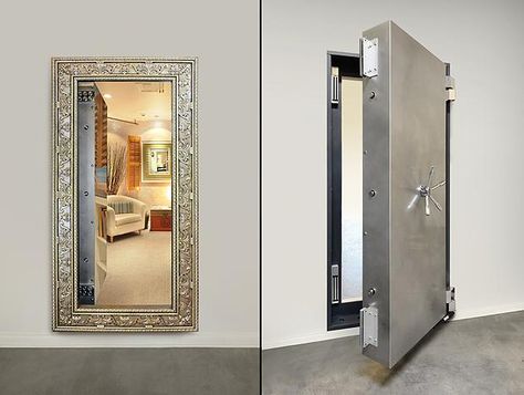 Behind a mirror.                                                             10 Real-Life Panic Rooms | Mental Floss Hidden Panic Rooms, Hidden Passageways, Secret Passage, Home Engineering, Secret Hiding Places, Houses Architecture, Panic Rooms, Secret Passages, Secret Passageways