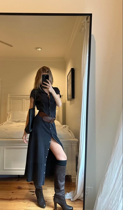 Tall Boots Outfit Casual, Boots And Maxi Dresses, Fall Dresses Going Out, Classy Button Up Outfits, Long Winter Maxi Dress, Long Leather Brown Boots, Slinky Dress Outfit, Slip Dress Autumn Outfit, Brown Boots Black Dress