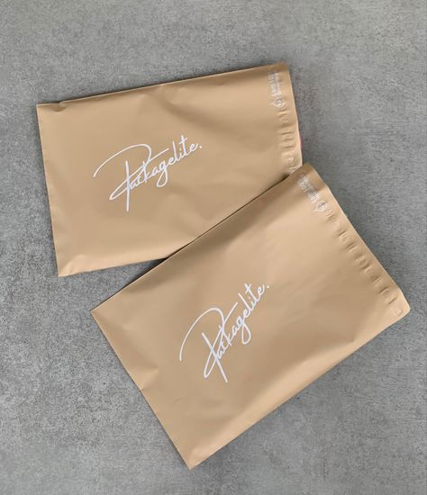 Branded packaging, beige polymailer, white ink clothing retail Courier Packaging Ideas, Polymailer Packaging Ideas, Polymailer Packaging Design, Clothes Shop Design, Hijab Store, Soap Packing, Business Branding Inspiration, Packaging Ideas Business, Small Business Packaging Ideas