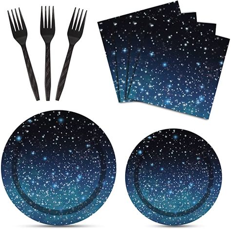 Amazon.com: 96 Pcs Space Party Starry Night Supplies Tableware Set Galaxy Outer Space Theme Birthday Star Party Table Decorations Solar System Paper Plates Napkins Forks for 24 Guests : Everything Else Eclipse Party, Space Party Decorations, Outer Space Party, Outer Space Theme, Space Birthday Party, Summer Party Decorations, Birthday Star, Party Table Cloth, Space Party