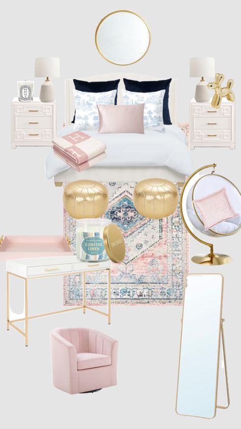 Preppy Room Closet, Blue Pink White And Gold Bedroom, Pink Blue And Gold Bedroom, Pink Bedroom Mood Board, Cute Curtain Ideas For Bedroom, Light Pink And Blue Room Aesthetic, Preppy College Bedroom, Pink Blue And White Bedroom, Bedroom Pastel Colors Room Ideas