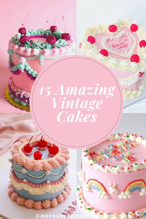 15 Amazing Vintage Cakes You Will Love - Find Your Cake Inspiration Vintage Cakes With Cherries, Essen, Wilton Cakes Vintage, Retro Piped Cake, Retro Cake Recipes, Birthday Cake Traditional, Vintage Cake Strawberries, Retro Cake Decorating, Antique Cake Design