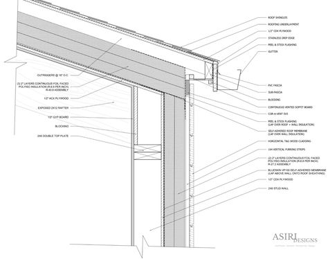 Vaulted ceiling detail with exposed rafter framing and all exterior insulation using foil faced polyiso, self adhered membranes, and a vented overroof with no overhangs. This is the "perfect roof" and "perfect wall" assembly. Vaulted Ceiling Ideas, Exterior Insulation, Exposed Rafters, Roof Vents, Ceiling Detail, Vinyl Decor, Detailed Plans, Vaulted Ceiling, Cathedral Ceiling