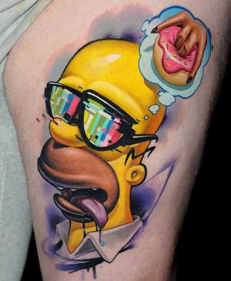 35 Mind-Blowing Tattoos The Simpsons Tattoo Ideas, New School Tattoo Cartoon, Tattoo Cartoon Style, Big Tattoo Designs, Robot Tattoos, New School Tattoo Designs, Tattoo New School, Donut Tattoo, Cartoons Tattoo