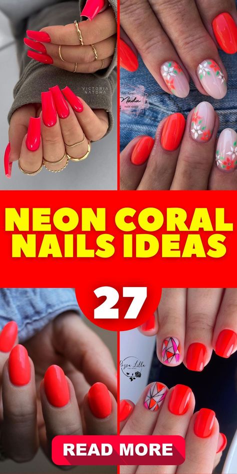 27 Stunning Neon Coral Nails Ideas: From Bright Summer Designs to Elegant French Tips & Glitter Accents Bright Pink Nails Ideas, Coral Nails Ideas, Nails With Details, Hot Coral Nails, Coral Summer Nails, Summer Coral Nails, French Tips Glitter, Coral Acrylic Nails, Bright Coral Nails