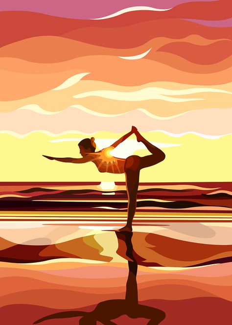 Woman practicing Yoga at sunset on the beach. Vector illustration by Mathilde Crétier Stretch Illustration, Yoga Art Illustration, Yoga Illustration Art, Yoga In Nature, Yoga Sunset, Fitness Illustration, Yoga Artwork, Yoga Symbol, Namaste Art