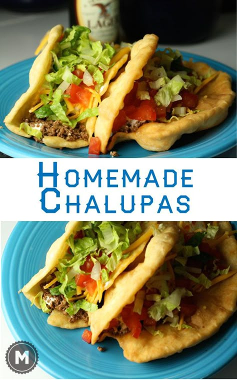 How to make your own chalupas with shells that are crispy on the outside and doughy on the inside. These shells hold up to a lot of filling. Homemade Chalupa, Chalupa Shells, Taco Bell, Quesadillas, Mexican Dishes, Tex Mex, Dinner Recipe, Fajitas, Tortillas