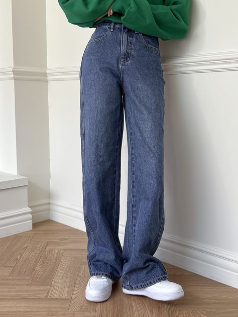 Straight Leg Dark Jeans Outfits, Shein Straight Leg Jeans, Dark Blue Straight Leg Jeans, Straigjt Jeans, Straight Leg Denim Jeans, Dark Wash Straight Jeans, 90s Jeans Women, Cute Outfits With Dark Blue Jeans, Dark Blue Straight Jeans Outfit