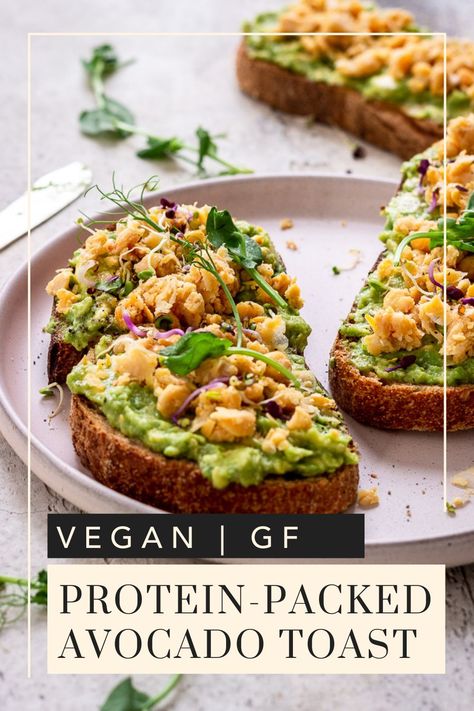 Craving avocado toast but want something more filling? This Protein-Packed Avocado Toast made with chickpeas is high in plant protein and makes the ideal healthy breakfast or lunch. Totally vegan and nut free, it can be made gluten free too. #vegan #avocadotoast #avocado #breakfast #toast #brunch #lunch High Protein Avocado Toast Vegan, Vegan Avocado Toast Recipes, Plant Based Avocado Toast, Chickpea Avocado Toast, Avocado Toast High Protein, High Vegan Protein Breakfast, High Protein Toast Ideas, Protein Avocado Toast, Avocado Toast Vegan