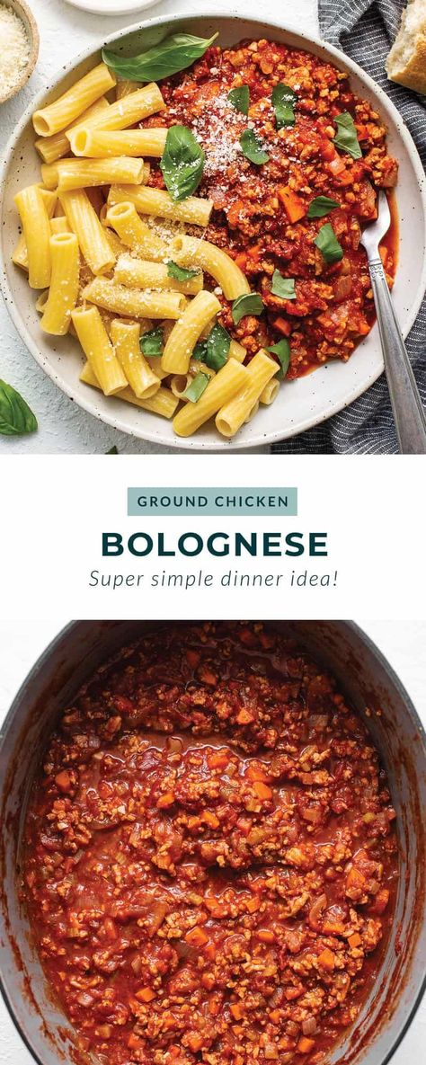 We swapped beef or pork for chicken to create this delicious ground chicken bolognese sauce. This easy pasta sauce is the perfect dinner for the whole family. Minced Chicken Pasta, Crockpot Recipes Ground Chicken, Ground Chicken Slow Cooker Recipes, Meals With Ground Chicken, Ground Chicken Spaghetti, Chicken Bolognese Sauce, Rice Entrees, Ground Chicken Pasta, Chicken With Spaghetti Sauce