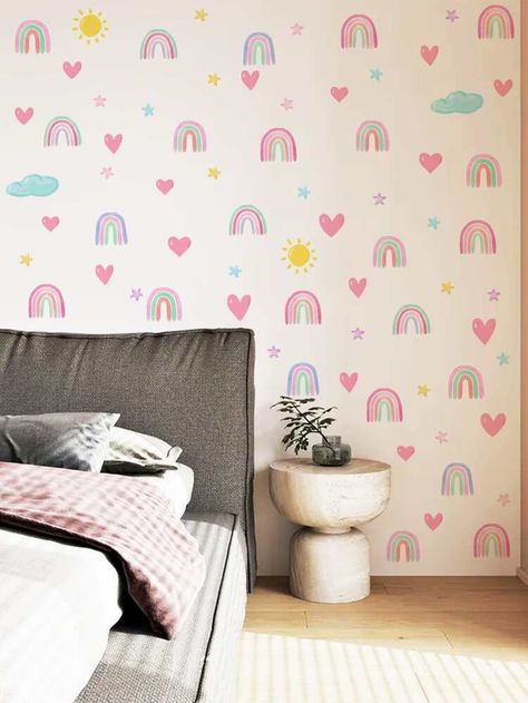 Free Returns ✓ Free Shipping On Orders $49+ ✓. Heart & Rainbow Print Wall Sticker- Wall Stickers at SHEIN. Rainbow Stripe Wall, Cloud Wall Decal, Stripe Wall, Rainbow Wall Decal, Heart Wall Stickers, Wall Painting Decor, Wall Stickers Home Decor, Kids Wall Decals, Rainbow Wall