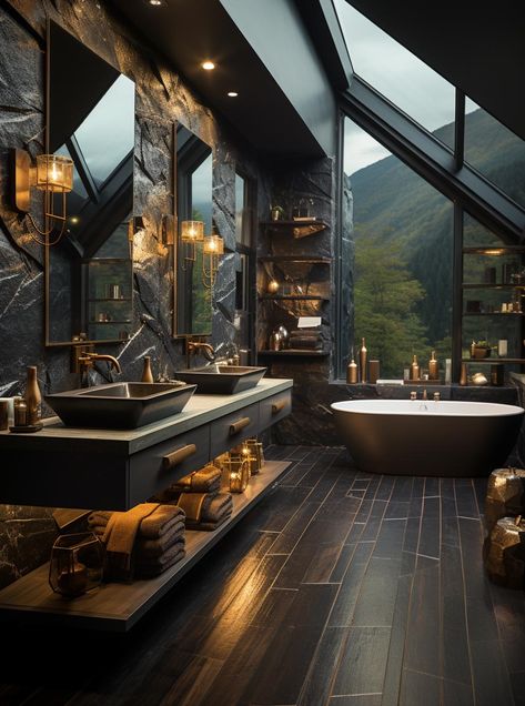 Guest bathroom with wood flooring Dark House Inspiration, Forest House Bathroom, Modern House Style Interiors, Luxury Rustic Bathroom, Stone Floors Bathroom, Floor Tiles Bedroom Ideas, Bedroom With Bathroom Layout, Black Gothic House, Modern Rustic House Interior