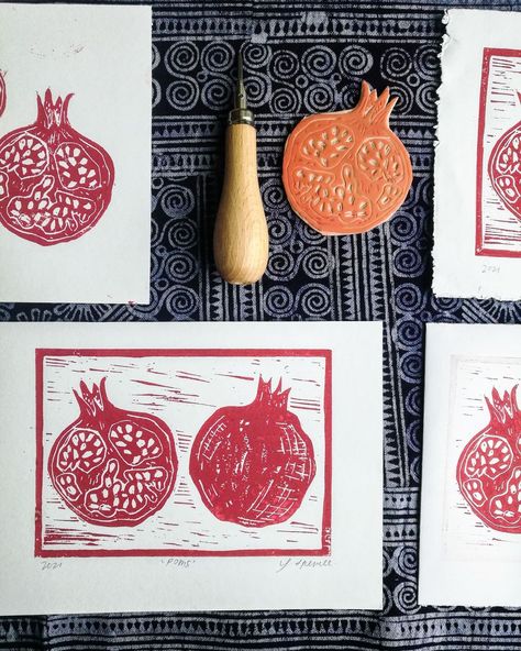 Issy ☁ (@issyspence.designs) • Instagram photos and videos Apple Linocut, Pomegranate Graphic Design, Pomegranate Lino Print, Vintage Pomegranate Illustration, Pomegranate Decor, Pomegranate Print, Pomegranate Art, Pomegranate Design, Fruit Art Print