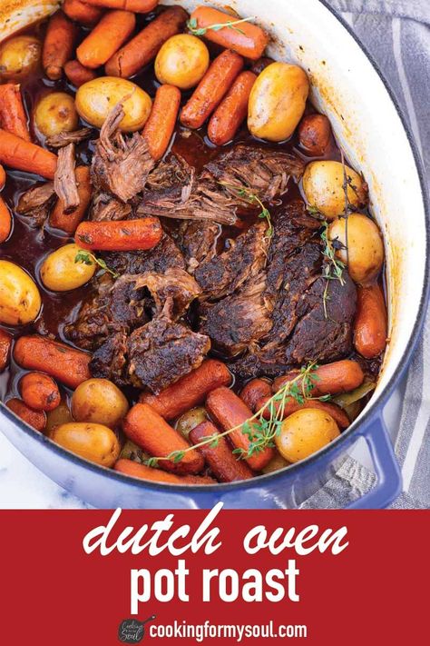 Dutch Oven Pot Roast! This delicious pot roast is made right in the Dutch oven. It's packed with a lot of flavor and cooked in the oven until tender and fall-apart. #cookingformysoul All Day Roast In Oven, Roast In Dutch Oven Pot, Pot Roast Dutch Oven Recipes Easy, Oven Roasted Pot Roast, Oven Roasted Chuck Roast Recipes, Dutch Oven Chuck Roast In Oven, Pork Roast Dutch Oven, Chuck Roast In Dutch Oven, Potroast Dutchoven