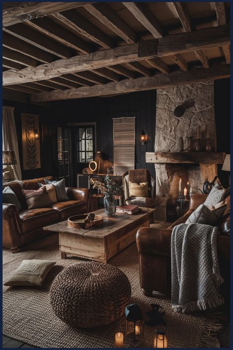 Cozy rustic living room with leather sofas, a wooden coffee table, stone fireplace, and warm ambient lighting. Dark Moody Cabin Interior, Dark Rustic Aesthetic, Moody Cabin Living Room, Rustic Organic Home Decor, Moody Rustic Living Room, Rustic Small Living Room Ideas, Dark Rustic Living Room, Moody Cabin, Rustic Cabin Interior