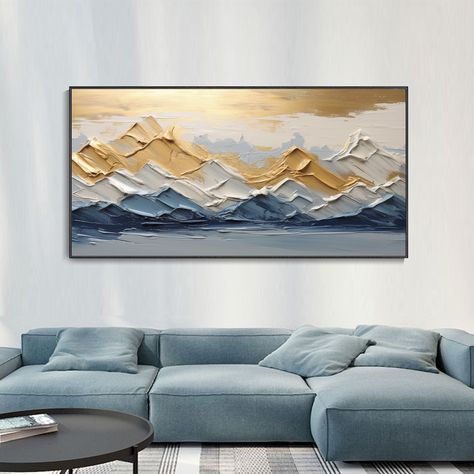 Golden Mountains Layered Landscape Nature Textured Knife Art High-End Home Decor Dimensional Blue-Gray Tones Intense Sun Dynamic Scenery Landscape Paintings Horizontal, Layered Landscape, Wabi Sabi Art Painting, Wabi Sabi Painting, Easy Landscape Paintings, Sports Painting, Wabi Sabi Art, Therapeutic Art, Gray Tones