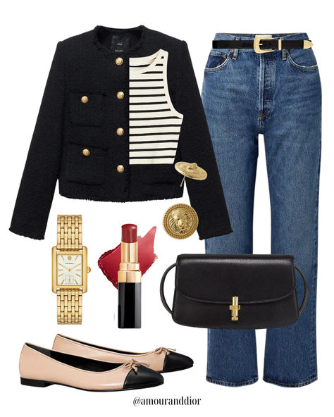 A striped tee with a black lady jacket cardigan for fall 🍁🍂 Fall outfit, ballet flats, dark denim, black cardigan, The Row, gold jewelry, lady jacket, work outfit, workwear, office outfit All Black With Denim Jacket, Black Jacket With Gold Buttons Outfit, Lady Cardigan Outfit, Black Lady Jacket Outfit, Black Boucle Jacket Outfit, Demin Jacket Outfit Women, How To Style A Black Cardigan, Lady Jacket Outfit, Tweed Cardigan Outfit