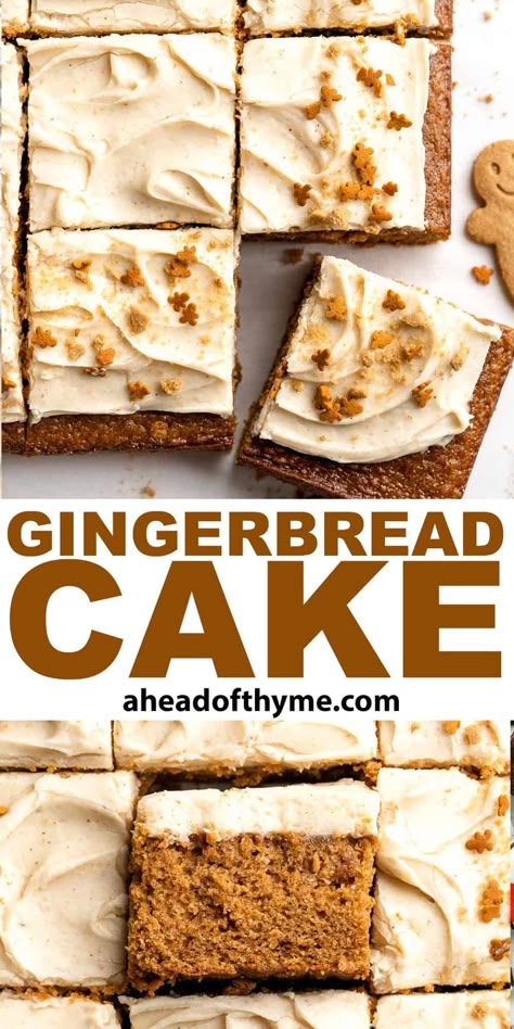 This sheet pan Gingerbread Cake is a perfect treat to delight your friends and family with this holiday season. Made with real molasses and warm spices, this gingerbread snack cake has the flavor of real, old-fashioned gingerbread yet comes together with common pantry staples. Top it off with a creamy brown butter cream cheese frosting and you've got a delicious winter dessert for any occasion. | aheadofthyme.com #gingerbreadcake #gingerbreadsheetcake #gingerbreadsnackcake #gin via @aheadofthyme Ginger Bread Cake Decoration, Gingerbread Snack Cake, Gingerbread Cake From Box Cake, Caramel Gingerbread Cake, Easy Ginger Cake, Gingerbread Cake Decorating Ideas, Gingerbread Spice Cake, Gingerbread Sheet Cake, Gingerbread Birthday Cake