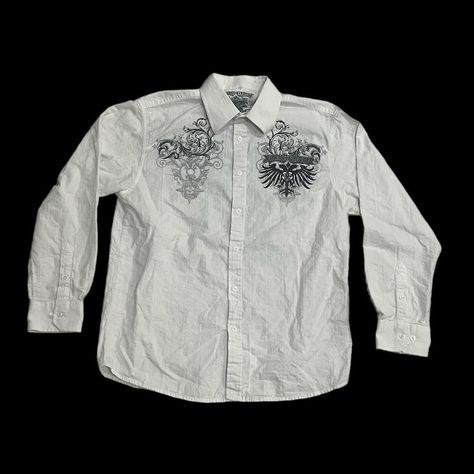 Xtreme Couture White Button Up Shirt Affliction... - Depop Button Up Shirt Y2k, White Affliction Shirt, White Shirt Y2k, Affliction Design, Button Shirt Outfit, Affliction Clothing, Affliction Shirts, Affliction Shirt, White Button Up Shirt