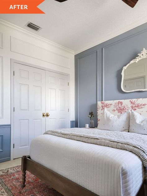 DIY-Filled Vintage-Inspired Bedroom Redo | Apartment Therapy Mirror Above Headboard, Bare Bedroom, Oversized Headboard, Chair Rail Moulding, Vintage Inspired Bedroom, Bed Wall Decor, Nightstand Light, Inspired Bedroom, Bedroom Redo