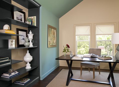 home office hideaway - azores AF-495 (accent wall), amulet AF-365 (walls),  wrought iron 2124-10 (bookshelf) Home Office Paint Ideas, Green Home Offices, Office Wall Colors, Blue Home Offices, Cool Home Office, Office Paint Colors, Blue Accent Walls, Accent Wall Colors, Office Color