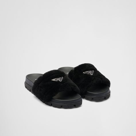 Prada Fluffy Slippers, Prada Shearling Slides, Farfetch Slippers, Prada Slides, Luxury Black Men's Slippers, Prada Heels Black, Hair Massage, Black Sandals Flat, Italian Shoes