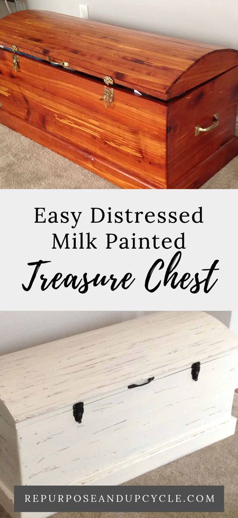 Do you have a piece of inherited furniture or an old antique that doesn’t match the style of your home? This lovely handmade Cedar wood chest is beautiful, inside and out, but it just didn’t match my style (or the rest of my furnishings really). I decided to try a new type of paint called milk paint to refinish and lightly distress my treasure chest. #milkpaint #upcycle #repurpose #upcyclingproject #upcycledecor #repurposedecor #homedecor #homediy #homeprojects #decor #homestyle #diy Painted Treasure Chest, Chest Makeover, Painted Wood Chest, Recycling Crafts, Type Of Paint, Diy Furniture Flip, Old Chest, Decorating 101, Makeover Tips