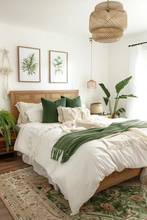 Small Bedroom Decor Ideas Minimalist, Bedroom White Green Wood, Modern Minimalist Boho Bedroom, Tropical Inspired Bedroom, Cozy Bedroom Wood, Boho Bed Ideas, Small Rustic Bedroom, Tiny Boho Bedroom, Green Minimalist Bedroom